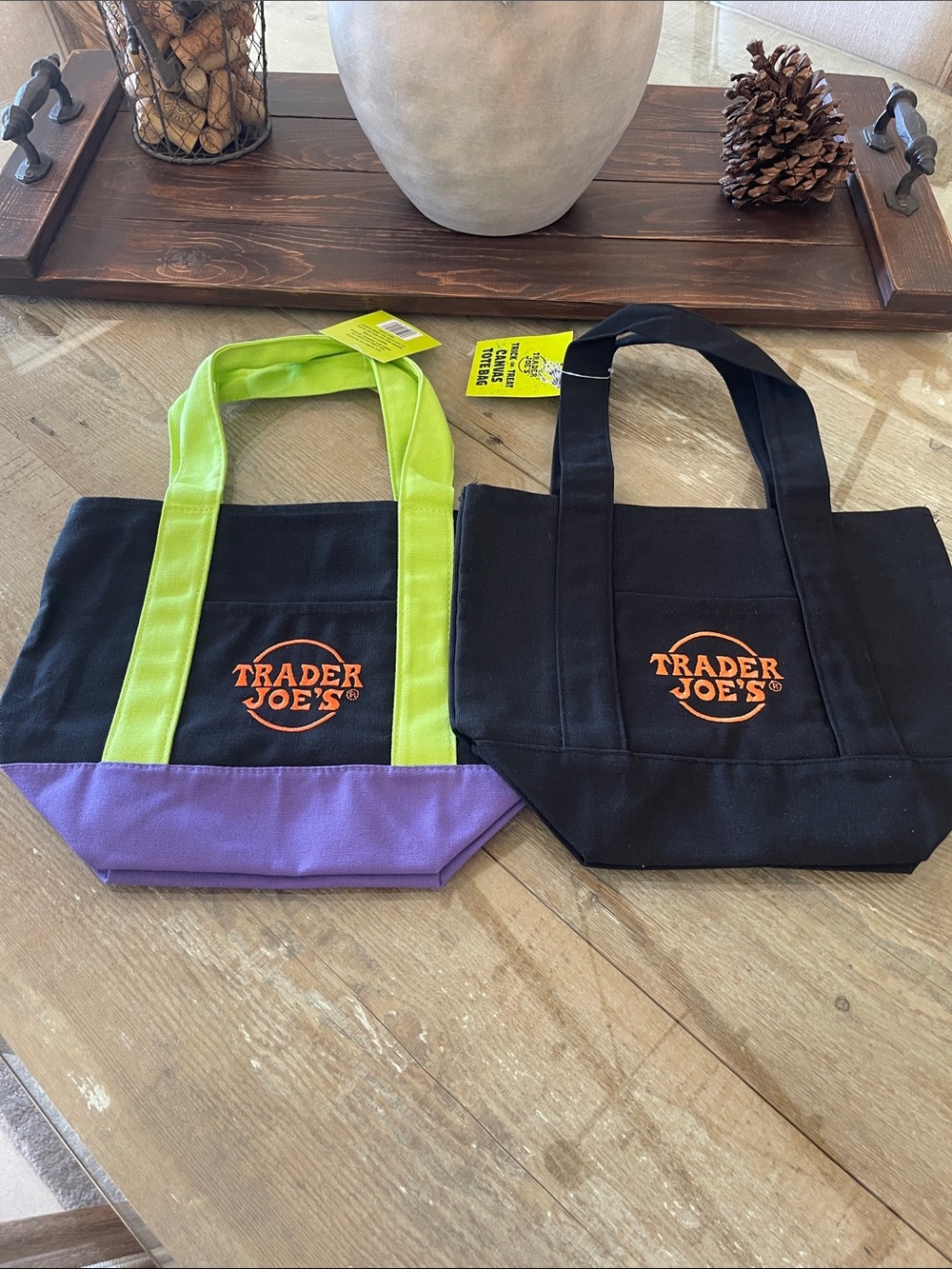 Trader Joe's Black Canvas Tote with Orange Logo and Lime Handles Set of 2